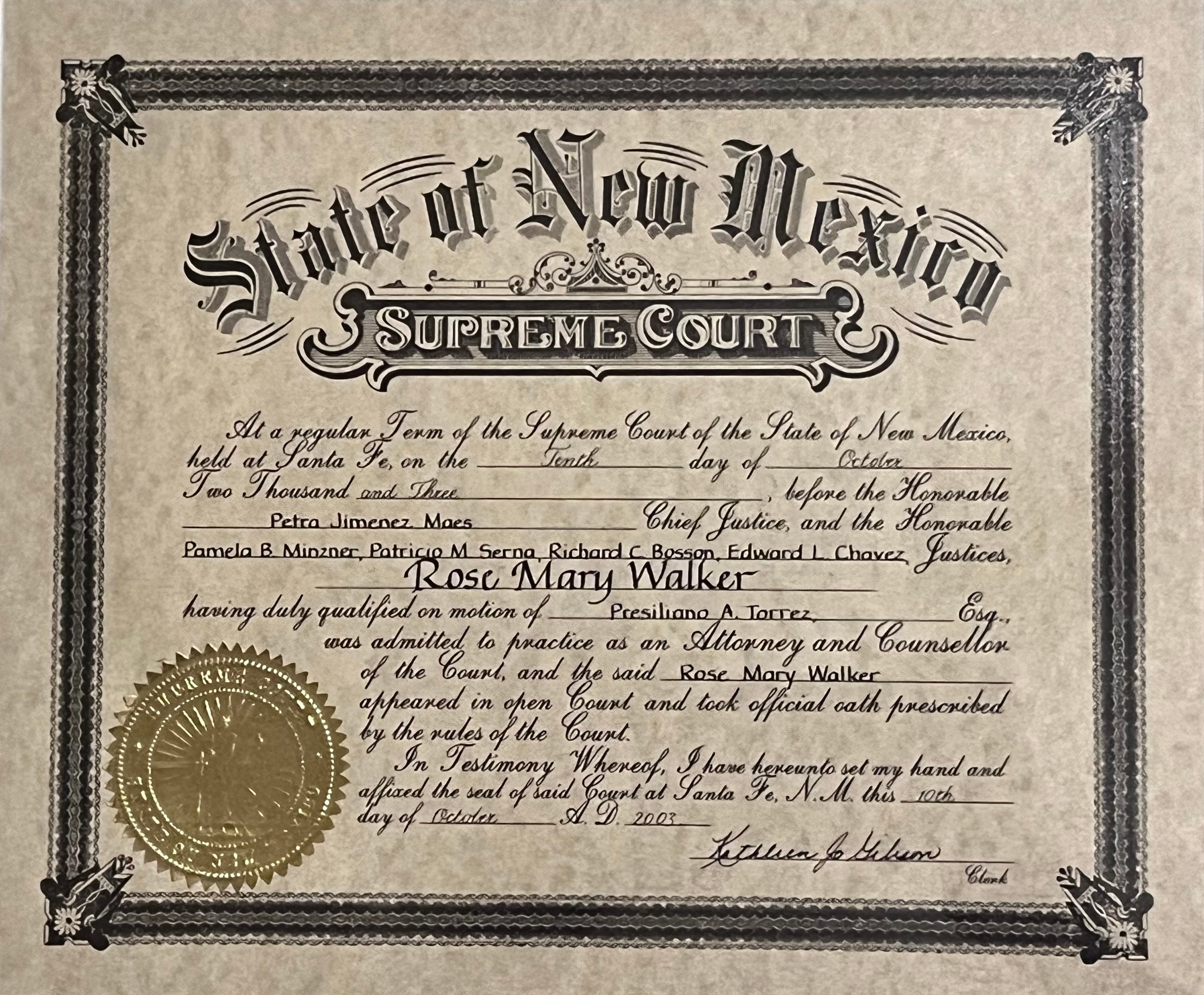 New Mexico Supreme Court — Attorney Admission Certificate, Rose Mary Walker, 2003